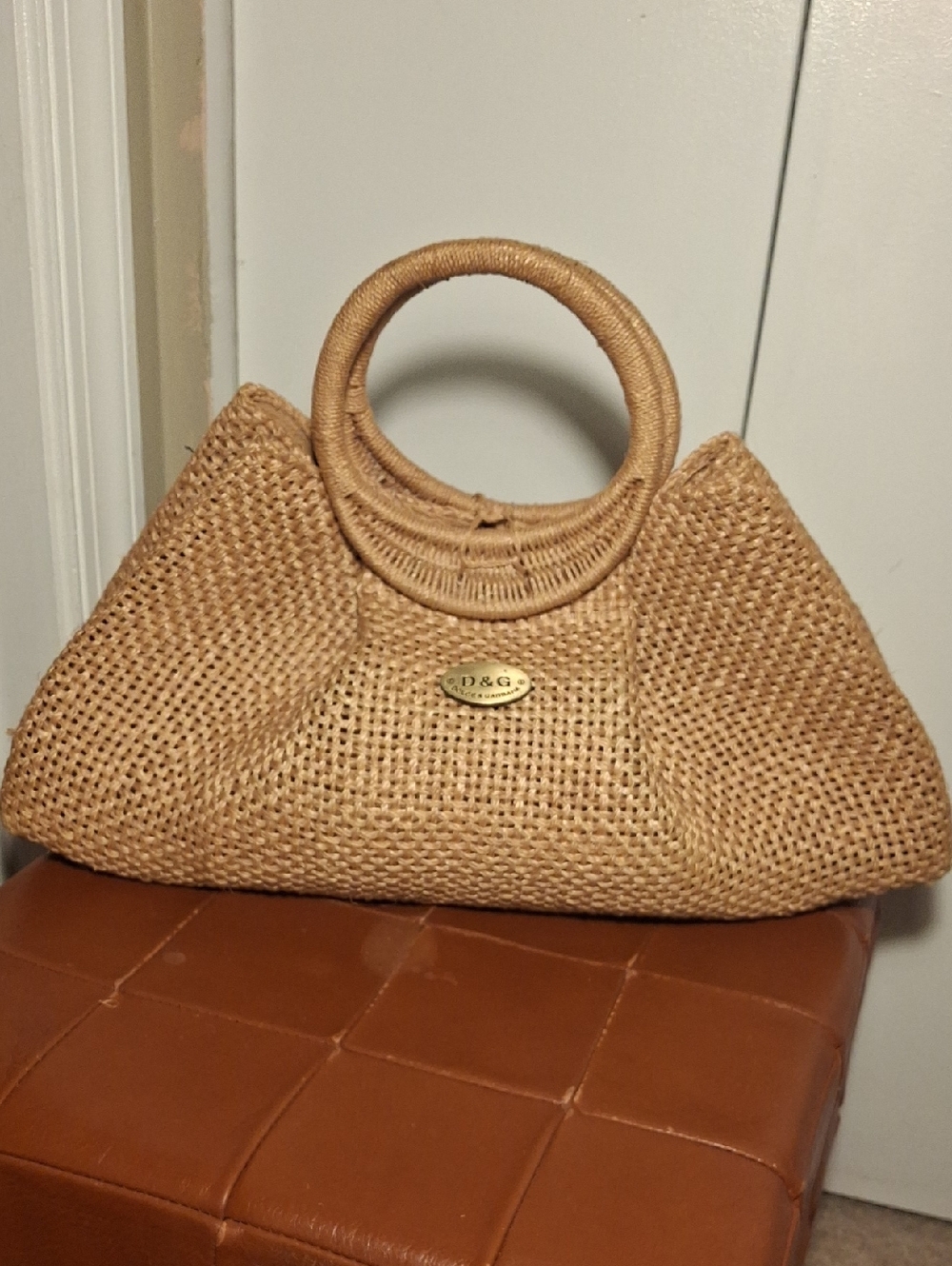 D&G Upcycle Straw Tote Bag in Natural Tan.